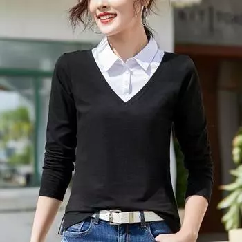 Женская футболка большого размера на весну и осень, модная новая поддельная рубашка из двух частей с длинными рукавами, черная и белая, на подкладке, в корейском стиле, верхняя и нижняя часть рубашки S
