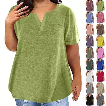 Женская футболка большого размера, повседневная однотонная футболка с v-образным вырезом и короткими рукавами, карманный топ XXL розовый