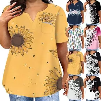 Женская футболка большого размера, повседневный топ с карманами и V-образным вырезом с короткими рукавами L чёрный