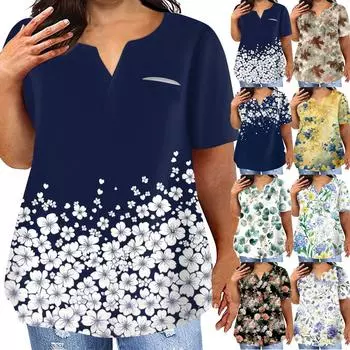 Женская футболка большого размера, повседневный топ с карманами и V-образным вырезом с короткими рукавами L