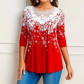 Женская футболка большого размера с длинными рукавами и кружевным принтом с рождественским элементом S красный