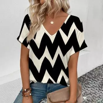Женская футболка большого размера с коротким рукавом и v-образным вырезом, модная футболка в полоску с принтом, летняя повседневная женская футболка с короткими рукавами S