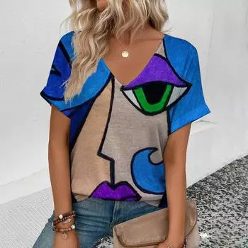 Женская футболка большого размера с коротким рукавом и V-образным вырезом, футболка с абстрактным рисунком лица, модная повседневная женская элегантная удобная футболка S