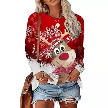 Женская футболка большого размера с круглым вырезом и принтом лося, слегка эластичная, с длинными рукавами S