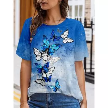 Женская футболка большого размера с круглым вырезом и принтом бабочек, с короткими рукавами, женский топ S