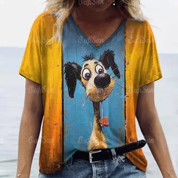 Женская футболка большого размера, женские футболки с v-образным вырезом и короткими рукавами, простая одежда с рисунками животных, свободные милые футболки большого размера XL