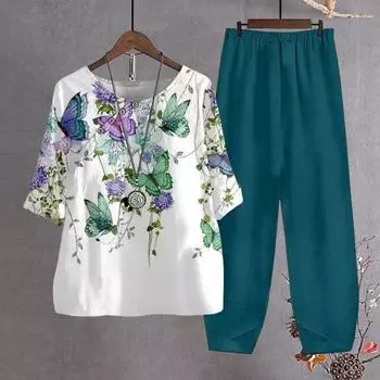 Женская футболка, брюки, комплект домашней одежды, наряд с цветочным принтом, круглый вырез, половина рукава, широкий топ M синий