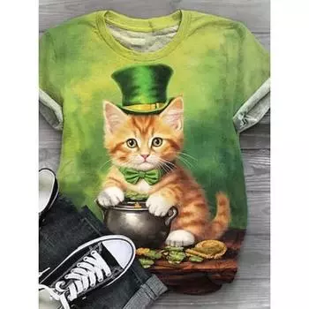 Женская футболка Casual Cat St. День Святого Патрика Топы Обычные Короткие Рукава Круглый Вырез Принт Стандартный Крой Повседневный Зеленый Лето S