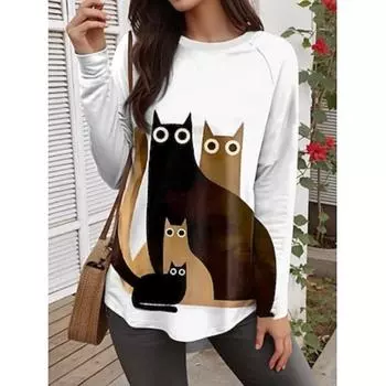 Женская футболка Cat Casual с длинным рукавом и круглым вырезом, длинные топы, повседневный принт, белая, осень-зима S