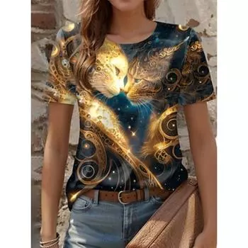 Женская футболка Cat Casual с коротким рукавом и круглым вырезом, обычные топы с принтом, синяя, летняя S