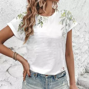 Женская футболка чистого белого цвета Футболка с художественным цветочным принтом Футболка с модным принтом Элегантная женская футболка с короткими рукавами S