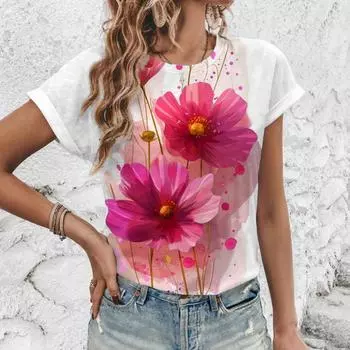 Женская футболка чистого белого цвета Футболка с художественным цветочным принтом Футболка с модным принтом Элегантная женская футболка с короткими рукавами M