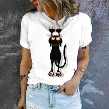 Женская футболка чистого белого цвета с забавным принтом в виде кошек, футболка с юмористическим рисунком, модная футболка для отдыха, летняя футболка с короткими рукавами S