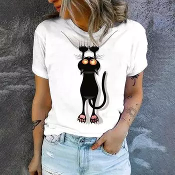 Женская футболка чистого белого цвета с забавным принтом в виде кошек, футболка с юмористическим рисунком, модная футболка для отдыха, летняя футболка с короткими рукавами S