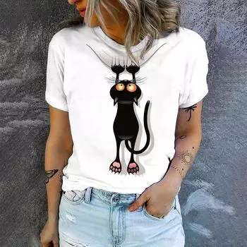Женская футболка чистого белого цвета с забавным принтом в виде кошачьего юмора, модная футболка для отдыха, большой размер, с короткими рукавами, 6XL XXS