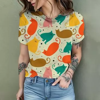 Женская футболка Comic Cat с 3D принтом Harajuku, летняя футболка с короткими рукавами и круглым вырезом, повседневная женская футболка большого размера Coolred с коротким рукавом 5XL