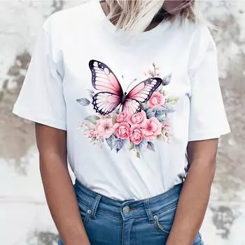 Женская футболка Cool 3D: Модная футболка с цветочной бабочкой, повседневная большая футболка с коротким рукавом XS