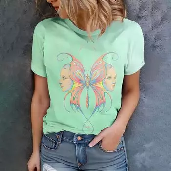 Женская футболка цвета мяты с абстрактным принтом в виде бабочек, повседневный летний стиль, круглый вырез, короткий рукав, топ для повседневной носки S