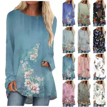 Женская футболка Цветочная мода Повседневный принт с длинными рукавами и круглым вырезом Топ средней длины XL