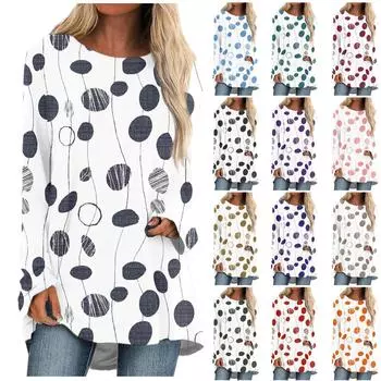 Женская футболка Цветочная мода Повседневный принт с длинными рукавами и круглым вырезом Топ средней длины XXL