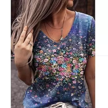 Женская футболка Цветочная синяя Ивовая зеленая розовая Графическая Цветочная с коротким рукавом Повседневная Базовая V-образная горловина Цветочная S S