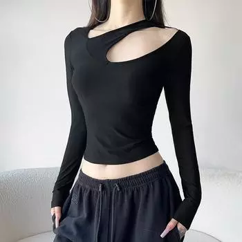 Женская футболка Deconstructed Hollow Metal Ring Buttons Splicing Leak Spicy Girl Sexy Backless Waist Slimming S чёрный