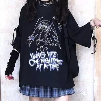 Женская футболка для девочек Готическая футболка Футболка с рисунком в стиле аниме Уличная одежда Футболки Топы Одежда в стиле фея Гранж Эмо Одежда Готический черный S чёрный