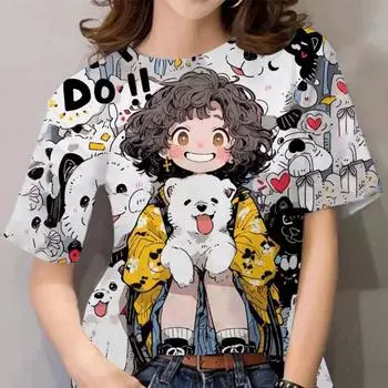Женская футболка для девочек Милая мультяшная девочка Узор 3D Принт Топы Летняя мода Женская одежда с коротким рукавом Футболки больших размеров S
