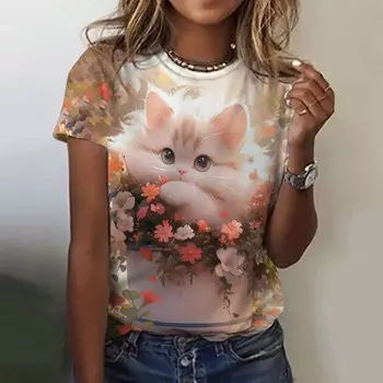 Женская футболка для девочек с милым рисунком кошки и 3D-принтом. Летние топы с коротким рукавом. Повседневная модная женская одежда. Футболки больших размеров. XL