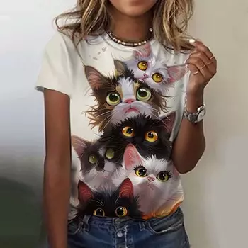 Женская футболка для девочек с милым рисунком кота и 3D-принтом, летние повседневные футболки с коротким рукавом S