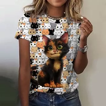 Женская футболка для девочек с милым рисунком кота и 3D-принтом, летние повседневные футболки с коротким рукавом S