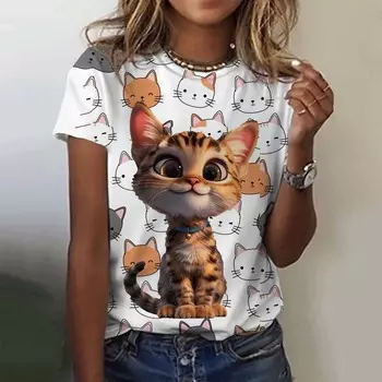Женская футболка для девочек с милым рисунком кошки и 3D-принтом. Летняя повседневная модная женская одежда с коротким рукавом. Футболки больших размеров. XXS