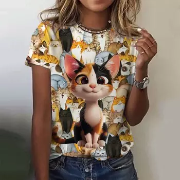 Женская футболка для девочек с милым рисунком кошки и 3D-принтом. Летние топы с коротким рукавом. Повседневная модная женская одежда. Футболки больших размеров. S