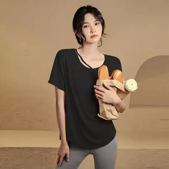 Женская футболка для фитнеса больших размеров с коротким рукавом и быстрой сушкой: Слимминг, Дышащий, Свободный крой для йоги и бега L (for 116-130 lbs)