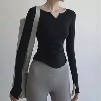 Женская футболка для йоги с длинными рукавами, облегающая, с дышащим V-образным вырезом, быстросохнущая, для фитнеса XXL 130-145 lbs