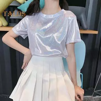 Женская футболка для выступлений с круглым вырезом и коротким рукавом, свободная посадка, блестящая Светоотражающая футболка, пуловер для вечеринок, танцев, топы золотистый