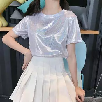 Женская футболка для выступлений, свободная футболка с короткими рукавами, блестящий светоотражающий пуловер с круглым вырезом для вечеринок и танцев золотистый