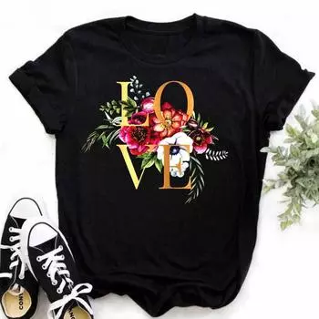 Женская футболка Футболка Flower Love Женская модная одежда Одежда с мультяшными героями Женская футболка с коротким рукавом Футболка ко Дню святого Валентина XXXL