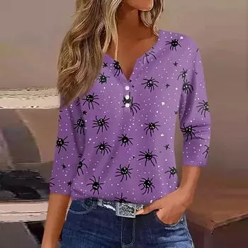 Женская футболка Футболка Хэллоуин Принт Пуговица Рукав 3/4 Туника Повседневная Мода Выходного дня Базовая V-образный вырез Обычный топ XXL
