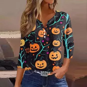 Женская футболка Футболка Хэллоуин Принт Пуговица Рукав 3/4 Туника Повседневная Мода Выходного дня Базовая V-образный вырез Обычный топ M шафрановый