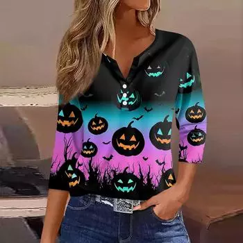 Женская футболка Футболка Хэллоуин Принт Пуговица Рукав 3/4 Туника Повседневная Мода Выходного дня Базовая V-образный вырез Обычный топ XXXL