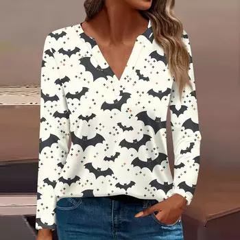 Женская футболка Футболка Хэллоуин С принтом Длинный рукав Повседневные Выходные Мода Классический V-образный вырез Обычный Топ XXXL бежевый
