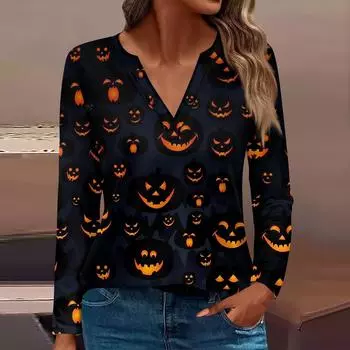 Женская футболка Футболка Хэллоуин С принтом Длинный рукав Повседневные Выходные Мода Классический V-образный вырез Обычный Топ M чёрный