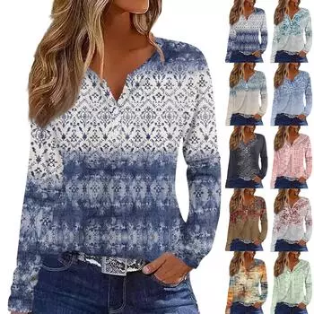 Женская футболка Футболка на пуговицах с длинным рукавом Повседневные выходные Мода Классический V-образный вырез Ретро-принт Обычный топ XXXL синий