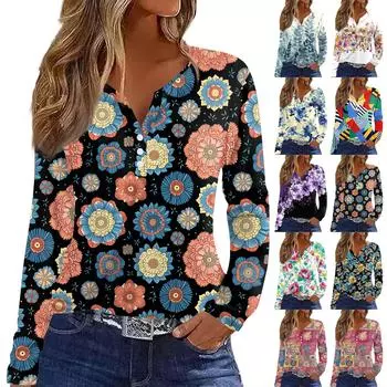 Женская футболка Футболка на пуговицах с длинным рукавом Повседневные выходные Мода Классический V-образный вырез Ретро-принт Обычный топ M