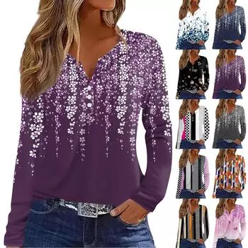 Женская футболка Футболка на пуговицах с длинным рукавом Повседневные выходные Мода Классический V-образный вырез Ретро-принт Обычный топ XXL фиолетовый