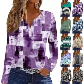 Женская футболка Футболка на пуговицах с длинным рукавом Повседневные выходные Мода Классический V-образный вырез Ретро-принт Обычный топ XXL зелёный