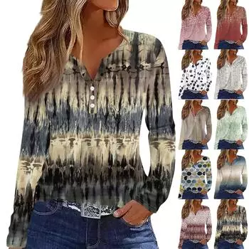 Женская футболка Футболка на пуговицах с длинным рукавом Повседневные выходные Мода Классический V-образный вырез Ретро-принт Обычный топ L хаки