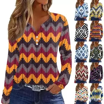 Женская футболка Футболка на пуговицах с длинным рукавом Повседневные выходные Мода Классический V-образный вырез Ретро-принт Обычный топ S