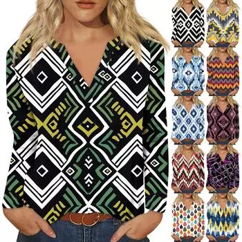 Женская футболка Футболка с длинным рукавом Повседневные выходные Мода Классический V-образный вырез Ретро-принт Обычный топ XL чёрный